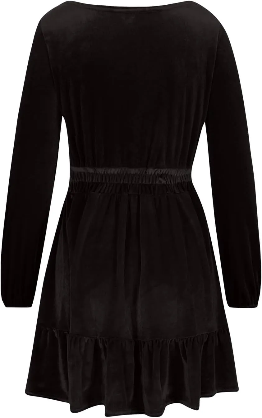 JOAU Women's Long Sleeve Elastic Waist Mini Dress Loose Fit Casual Round Neck Ruffle Hem Tiered A-Line Empire Waist Dresses