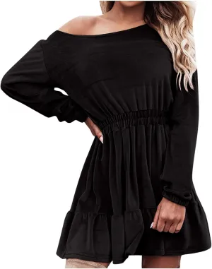 JOAU Women's Long Sleeve Elastic Waist Mini Dress Loose Fit Casual Round Neck Ruffle Hem Tiered A-Line Empire Waist Dresses