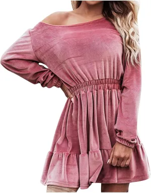 JOAU Women's Long Sleeve Elastic Waist Mini Dress Loose Fit Casual Round Neck Ruffle Hem Tiered A-Line Empire Waist Dresses