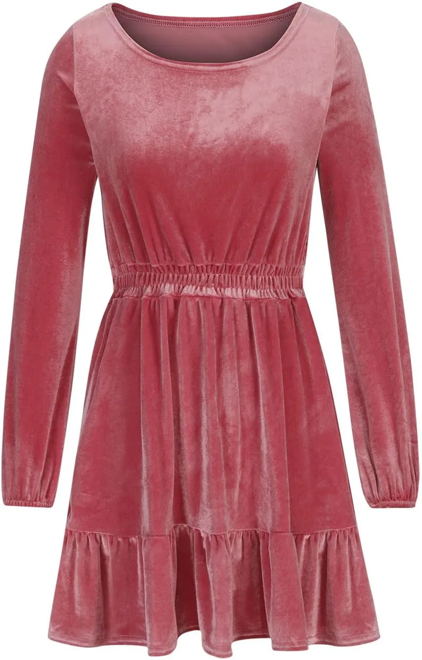JOAU Women's Long Sleeve Elastic Waist Mini Dress Loose Fit Casual Round Neck Ruffle Hem Tiered A-Line Empire Waist Dresses