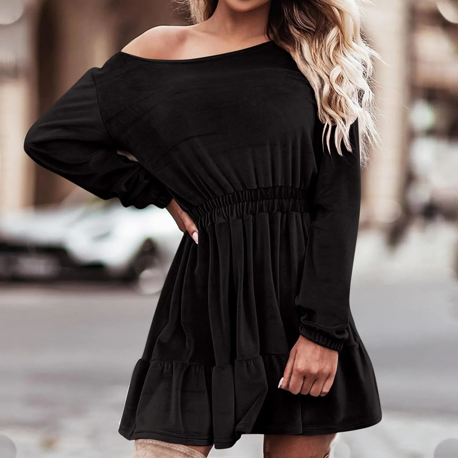 JOAU Women's Long Sleeve Elastic Waist Mini Dress Loose Fit Casual Round Neck Ruffle Hem Tiered A-Line Empire Waist Dresses