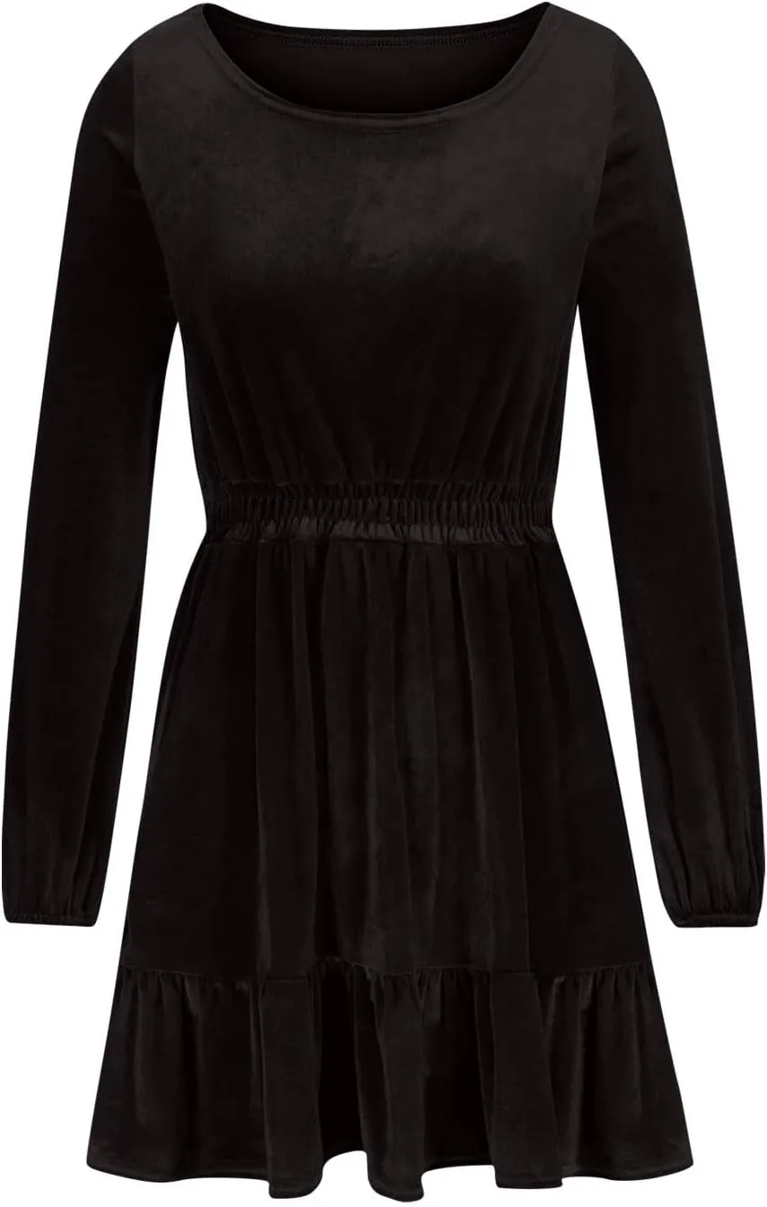 JOAU Women's Long Sleeve Elastic Waist Mini Dress Loose Fit Casual Round Neck Ruffle Hem Tiered A-Line Empire Waist Dresses