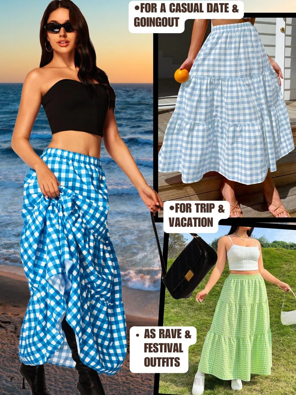 Kaei&Shi Womens Boho High Waisted Gingham Long Maxi Skirts Summer
