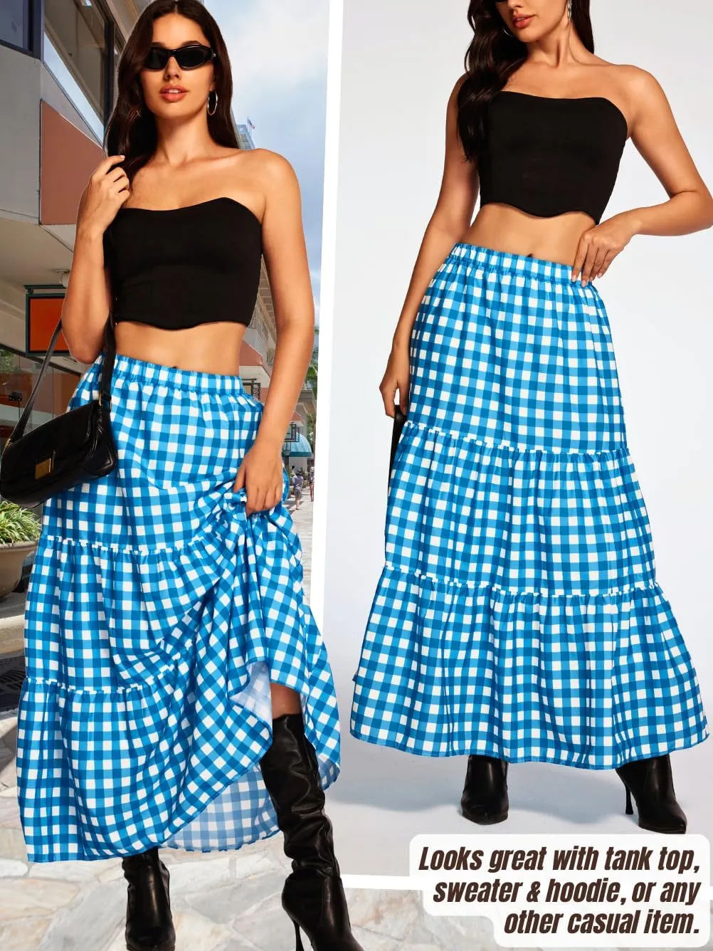Kaei&Shi Womens Boho High Waisted Gingham Long Maxi Skirts Summer