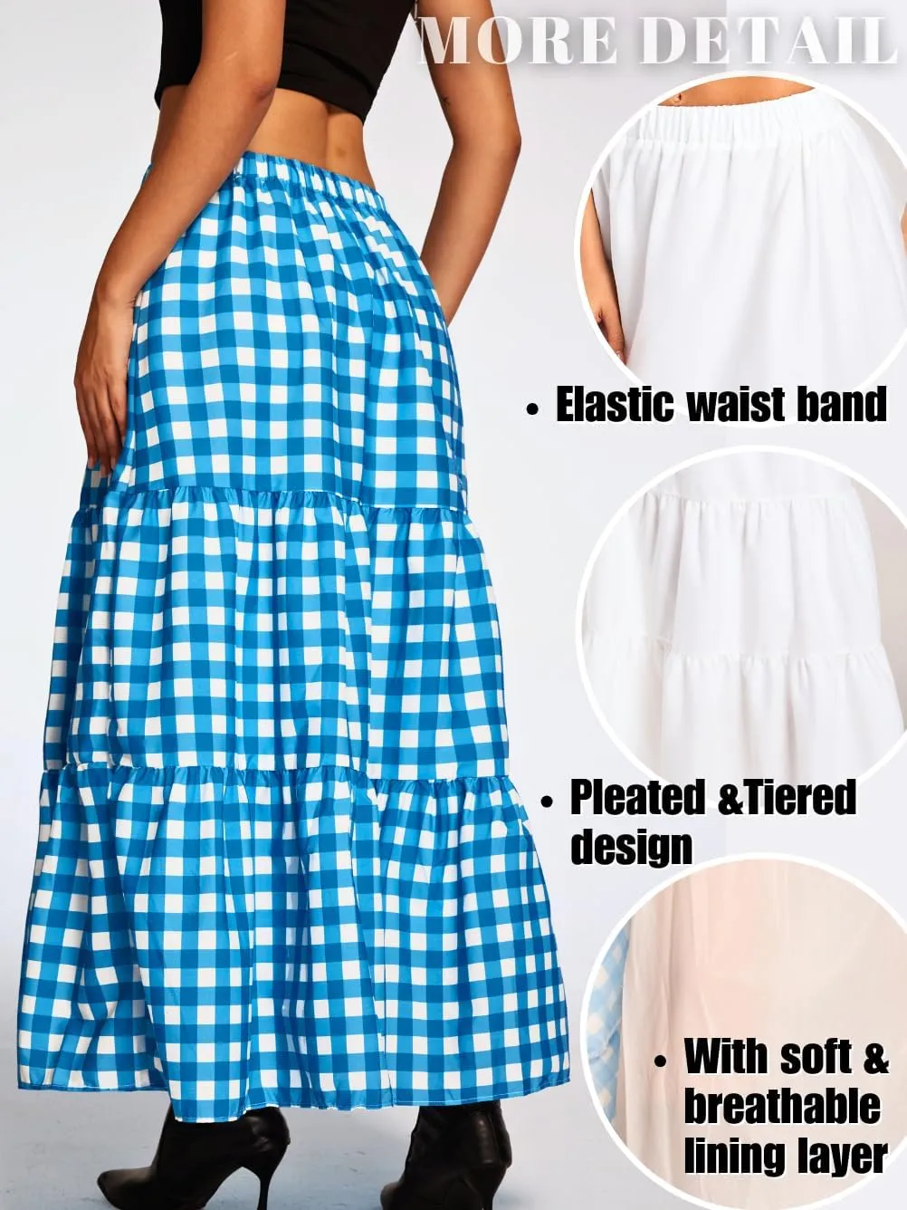 Kaei&Shi Womens Boho High Waisted Gingham Long Maxi Skirts Summer