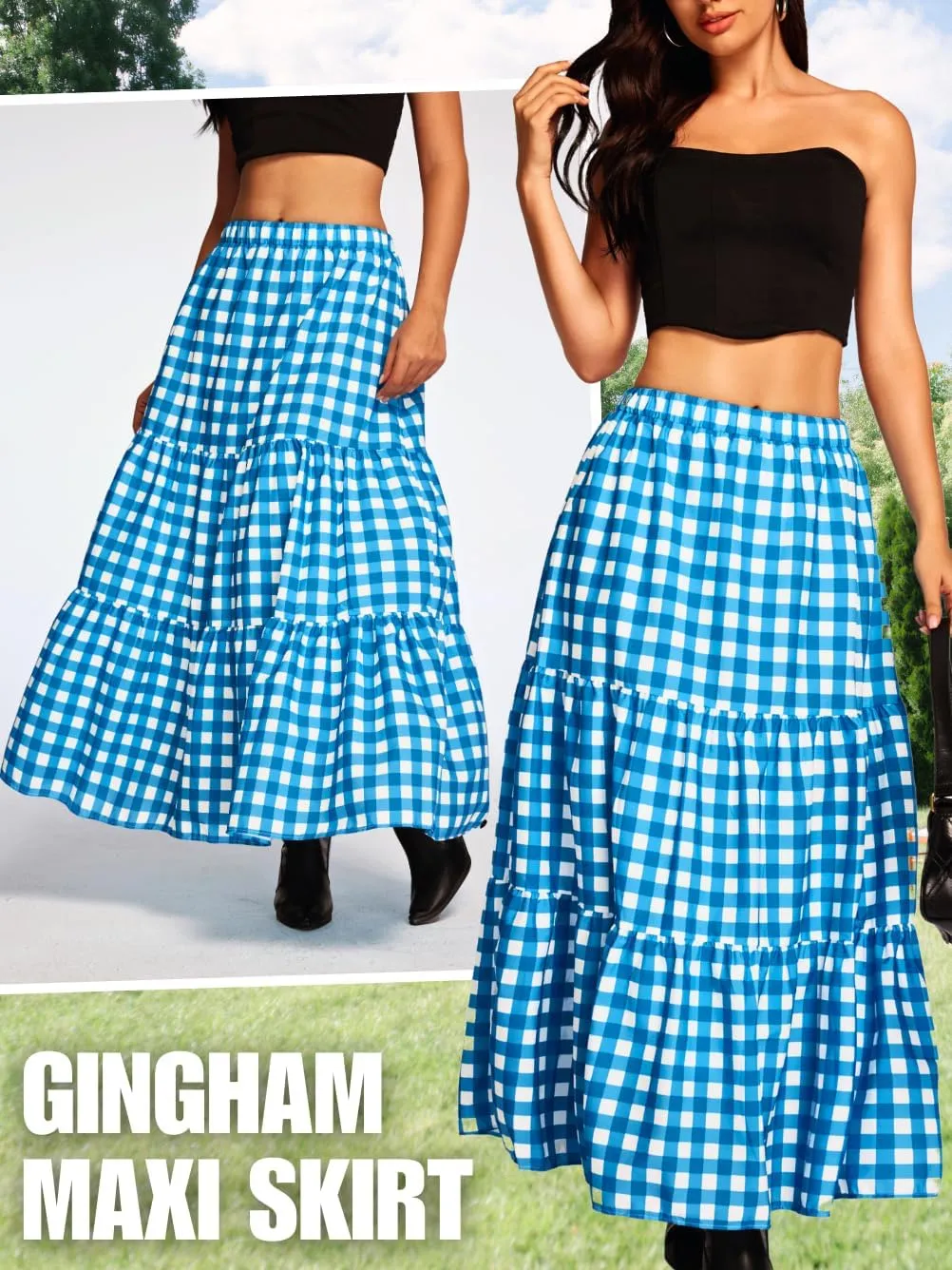 Kaei&Shi Womens Boho High Waisted Gingham Long Maxi Skirts Summer