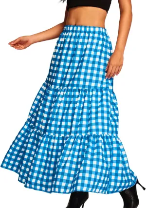 Kaei&Shi Womens Boho High Waisted Gingham Long Maxi Skirts Summer