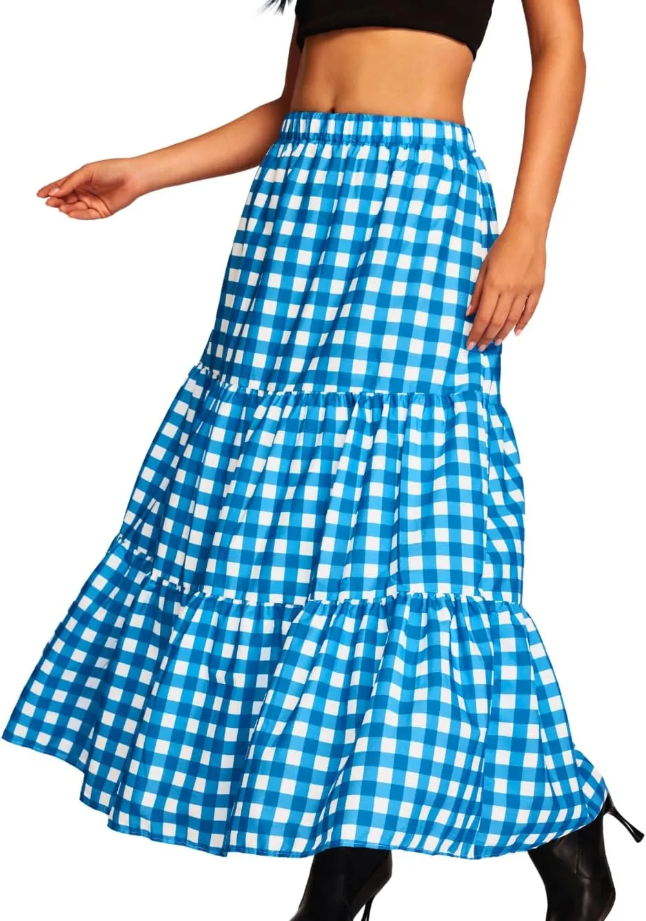 Kaei&Shi Womens Boho High Waisted Gingham Long Maxi Skirts Summer