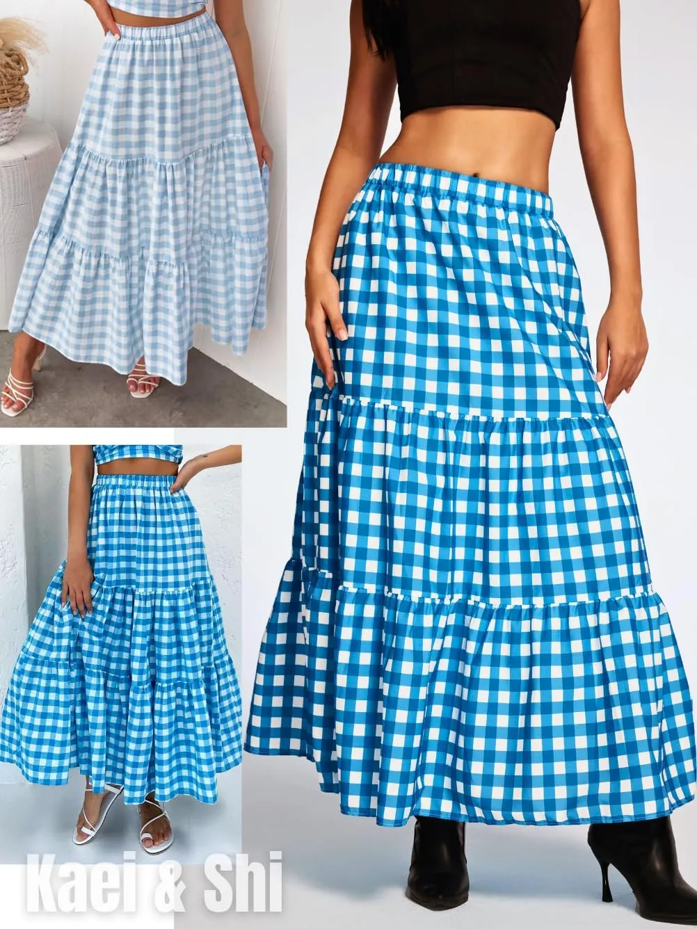Kaei&Shi Womens Boho High Waisted Gingham Long Maxi Skirts Summer