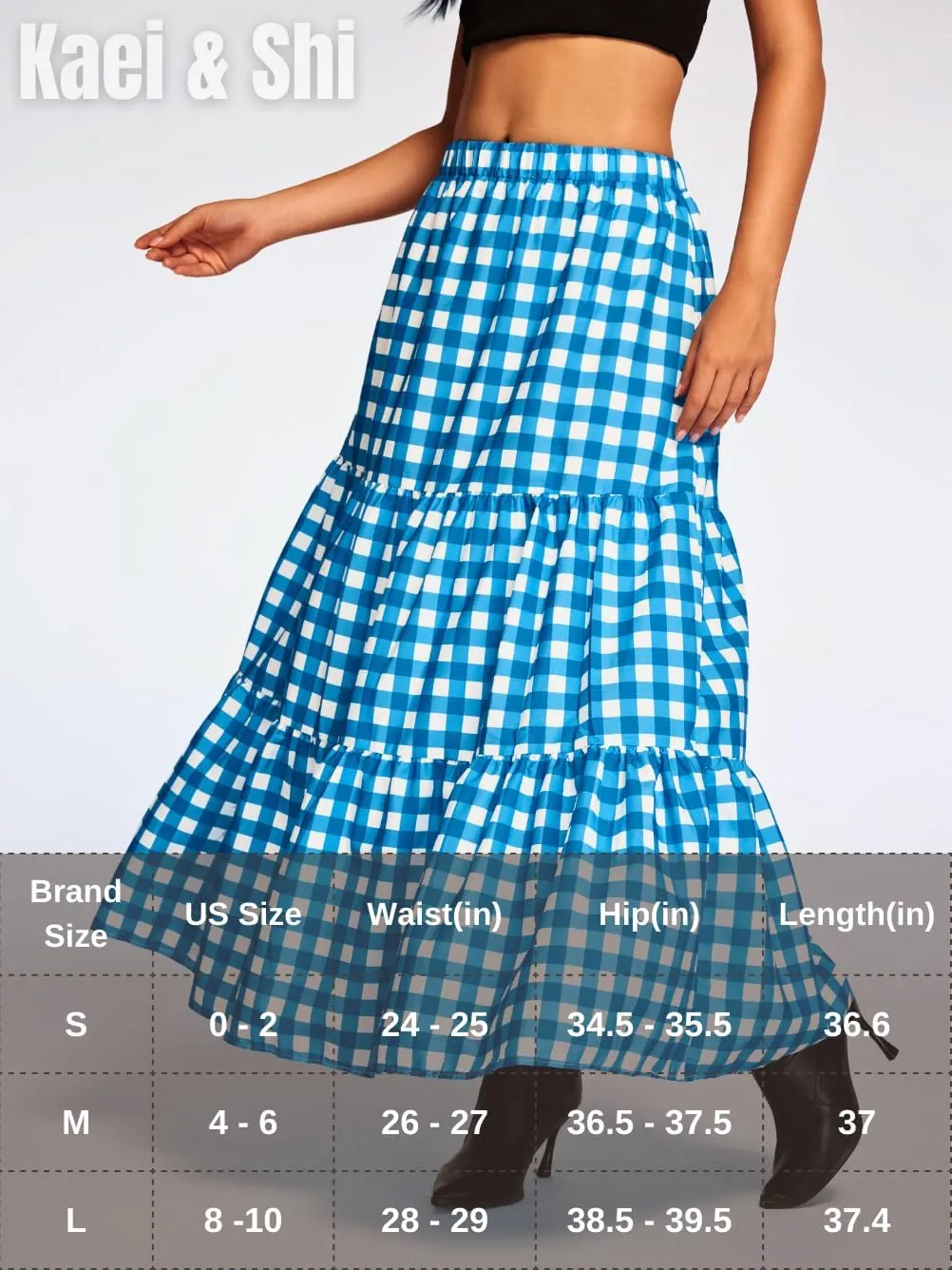 Kaei&Shi Womens Boho High Waisted Gingham Long Maxi Skirts Summer