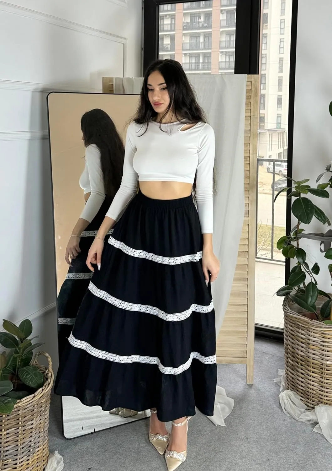 Kate Kasin Women Flowy Maxi Skirt A Line Tiered Skirts Elastic High Waist Boho Beach Long Skirt with Pocket Summer 2025