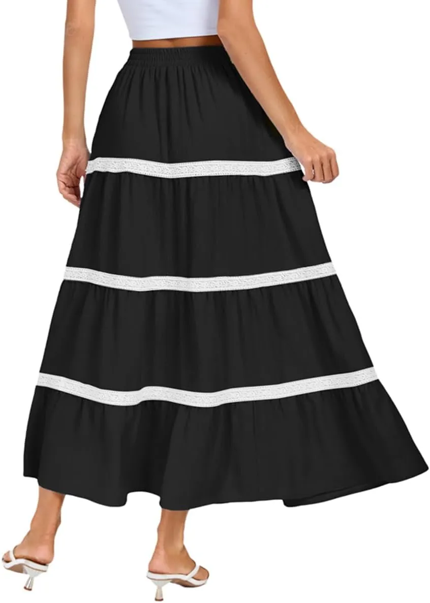 Kate Kasin Women Flowy Maxi Skirt A Line Tiered Skirts Elastic High Waist Boho Beach Long Skirt with Pocket Summer 2025