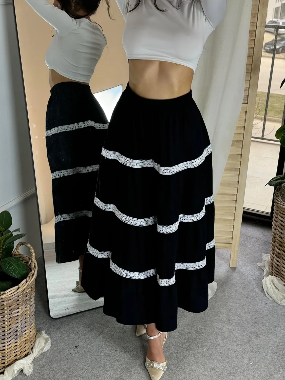 Kate Kasin Women Flowy Maxi Skirt A Line Tiered Skirts Elastic High Waist Boho Beach Long Skirt with Pocket Summer 2025