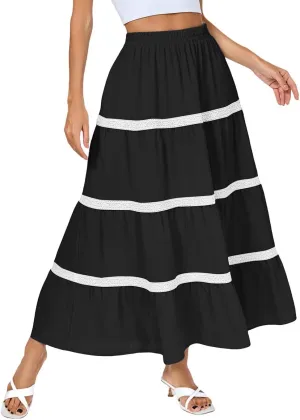 Kate Kasin Women Flowy Maxi Skirt A Line Tiered Skirts Elastic High Waist Boho Beach Long Skirt with Pocket Summer 2025