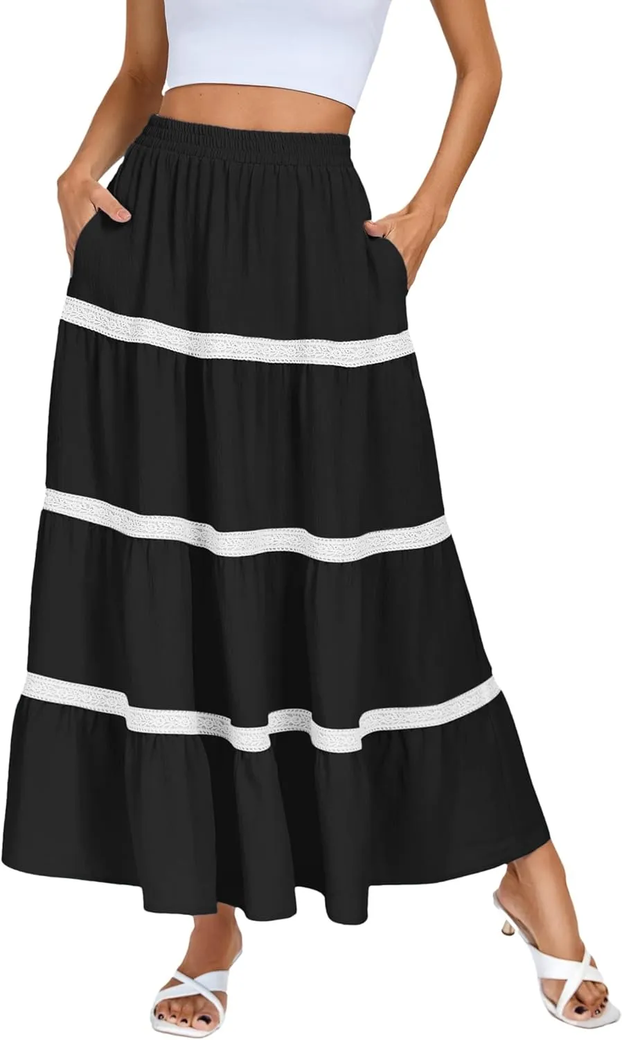 Kate Kasin Women Flowy Maxi Skirt A Line Tiered Skirts Elastic High Waist Boho Beach Long Skirt with Pocket Summer 2025