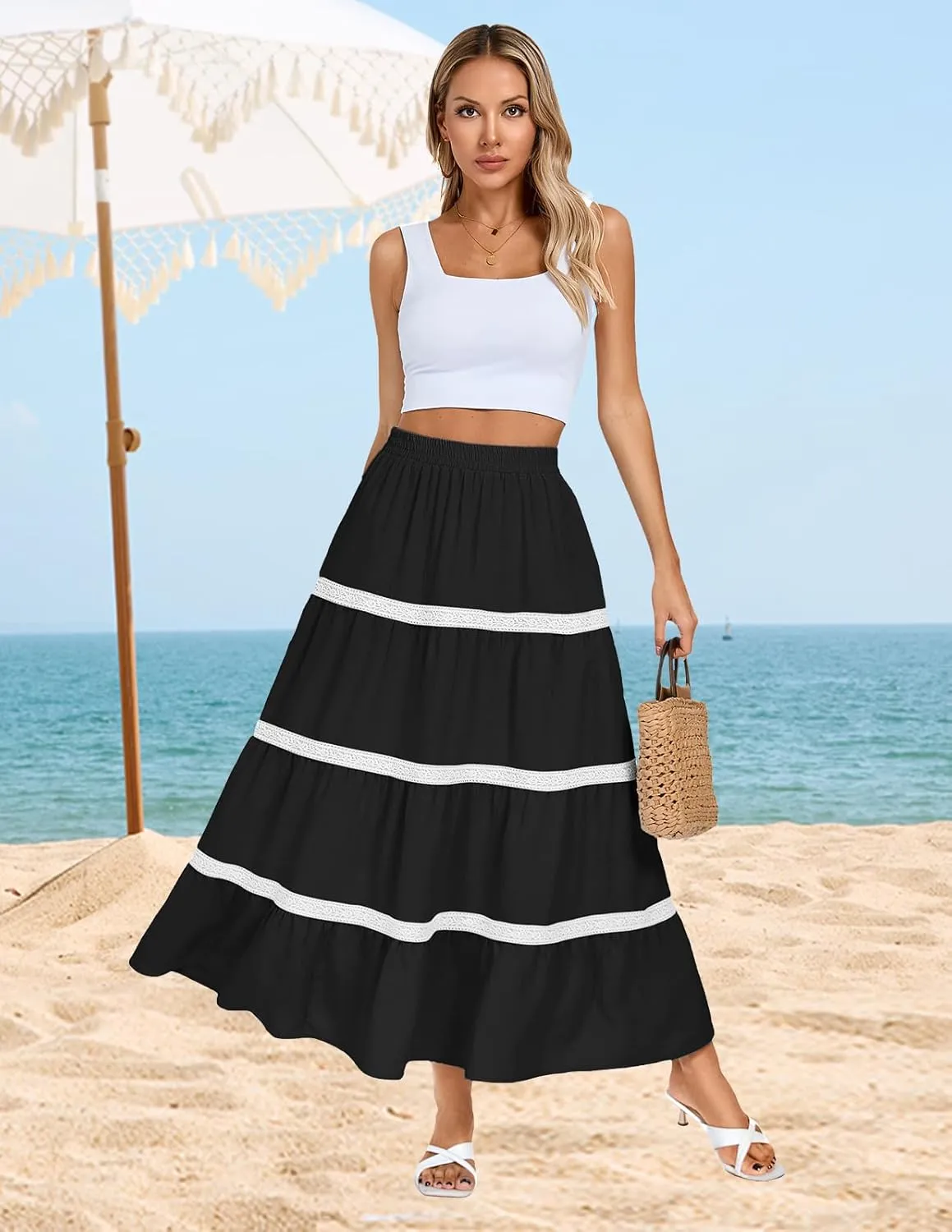 Kate Kasin Women Flowy Maxi Skirt A Line Tiered Skirts Elastic High Waist Boho Beach Long Skirt with Pocket Summer 2025