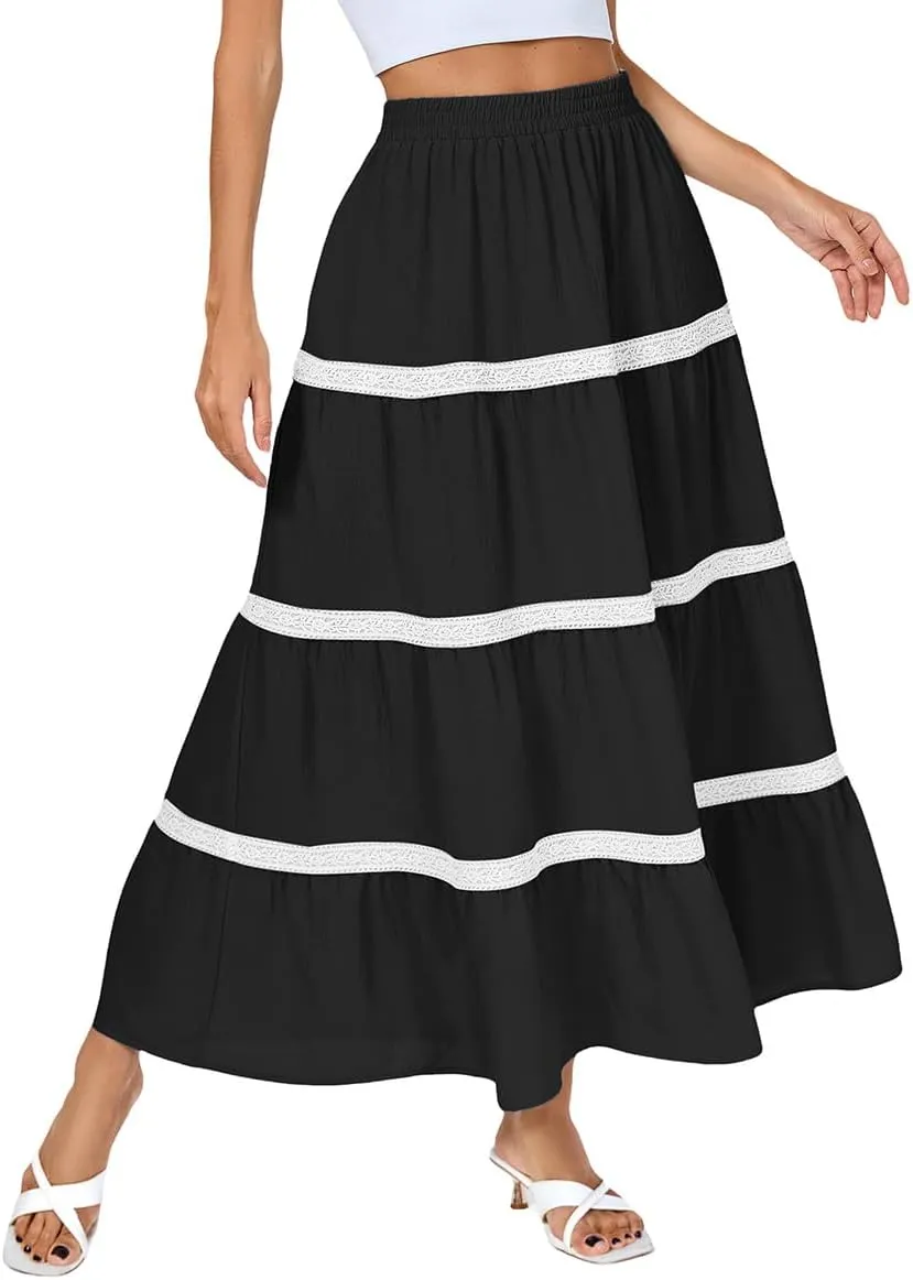 Kate Kasin Women Flowy Maxi Skirt A Line Tiered Skirts Elastic High Waist Boho Beach Long Skirt with Pocket Summer 2025