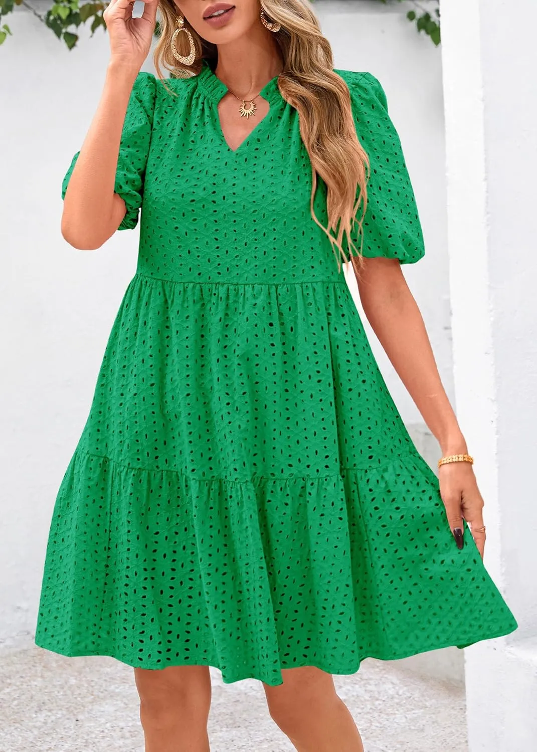 KIRUNDO Eyelet Summer Dresses for Women Mini Casual Hollow Out Short Sleeve Lace Tiered V Neck Shift Dress with Pockets