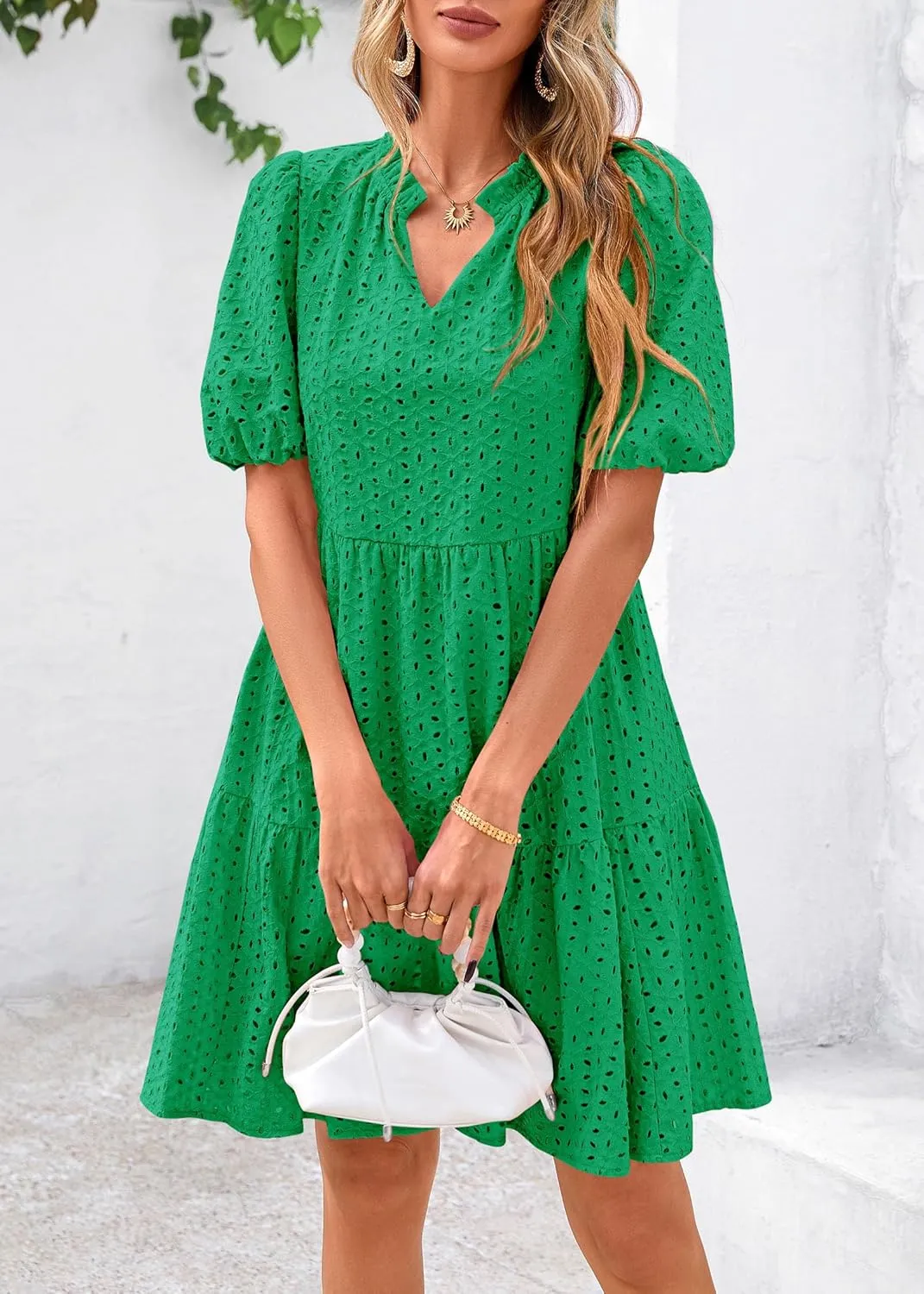 KIRUNDO Eyelet Summer Dresses for Women Mini Casual Hollow Out Short Sleeve Lace Tiered V Neck Shift Dress with Pockets