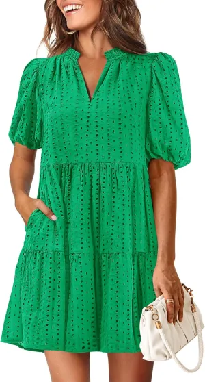 KIRUNDO Eyelet Summer Dresses for Women Mini Casual Hollow Out Short Sleeve Lace Tiered V Neck Shift Dress with Pockets