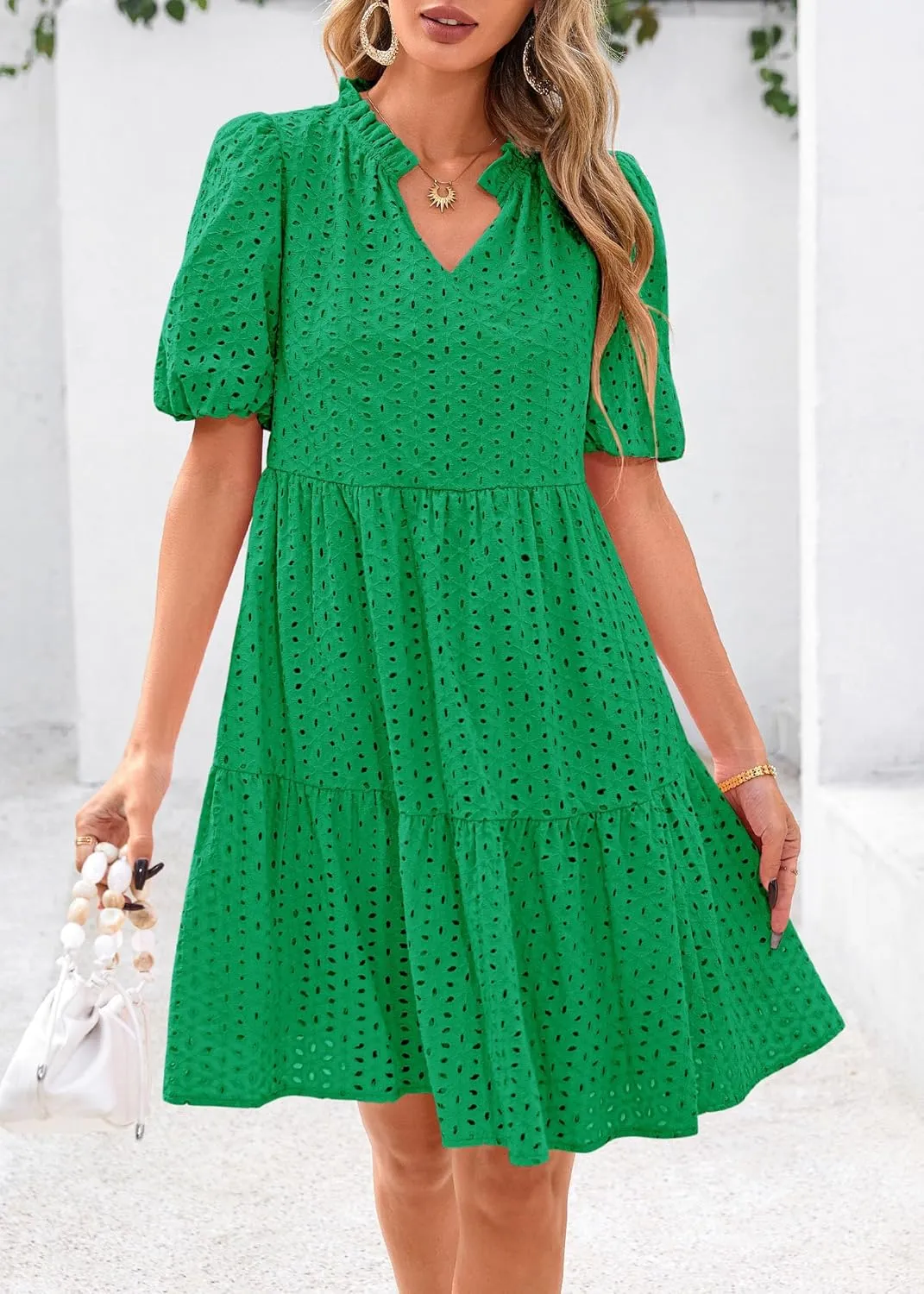 KIRUNDO Eyelet Summer Dresses for Women Mini Casual Hollow Out Short Sleeve Lace Tiered V Neck Shift Dress with Pockets