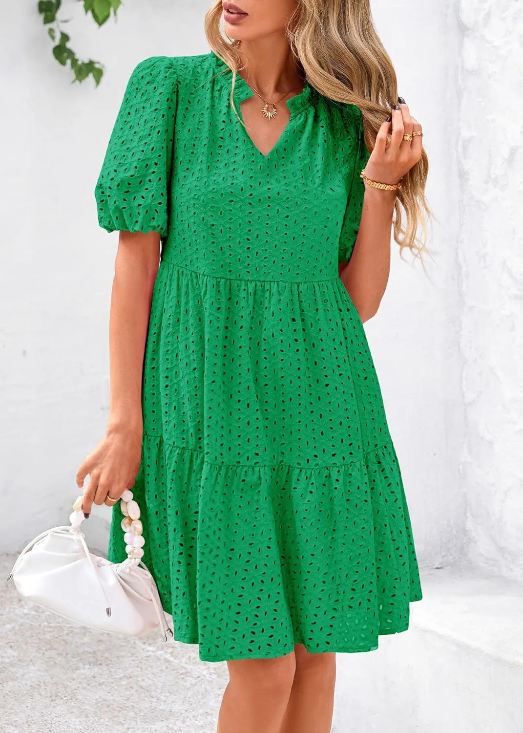 KIRUNDO Eyelet Summer Dresses for Women Mini Casual Hollow Out Short Sleeve Lace Tiered V Neck Shift Dress with Pockets