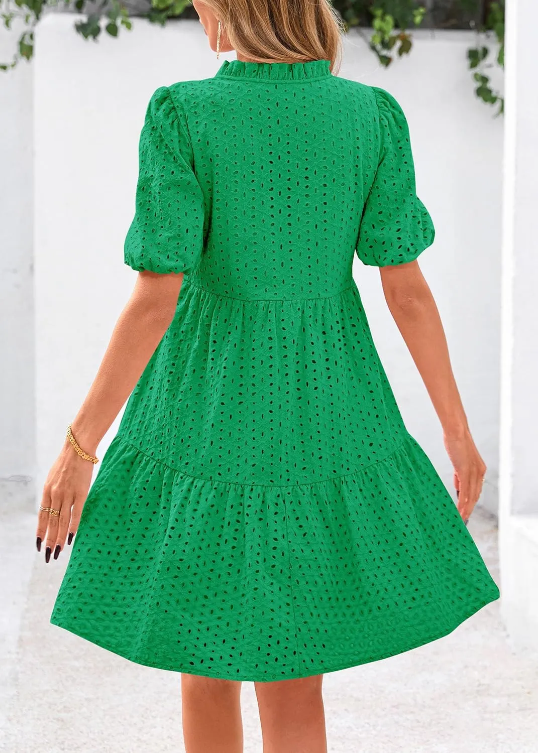 KIRUNDO Eyelet Summer Dresses for Women Mini Casual Hollow Out Short Sleeve Lace Tiered V Neck Shift Dress with Pockets