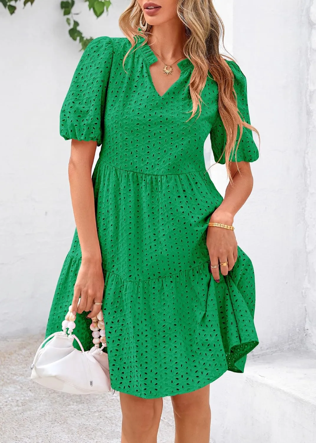 KIRUNDO Eyelet Summer Dresses for Women Mini Casual Hollow Out Short Sleeve Lace Tiered V Neck Shift Dress with Pockets