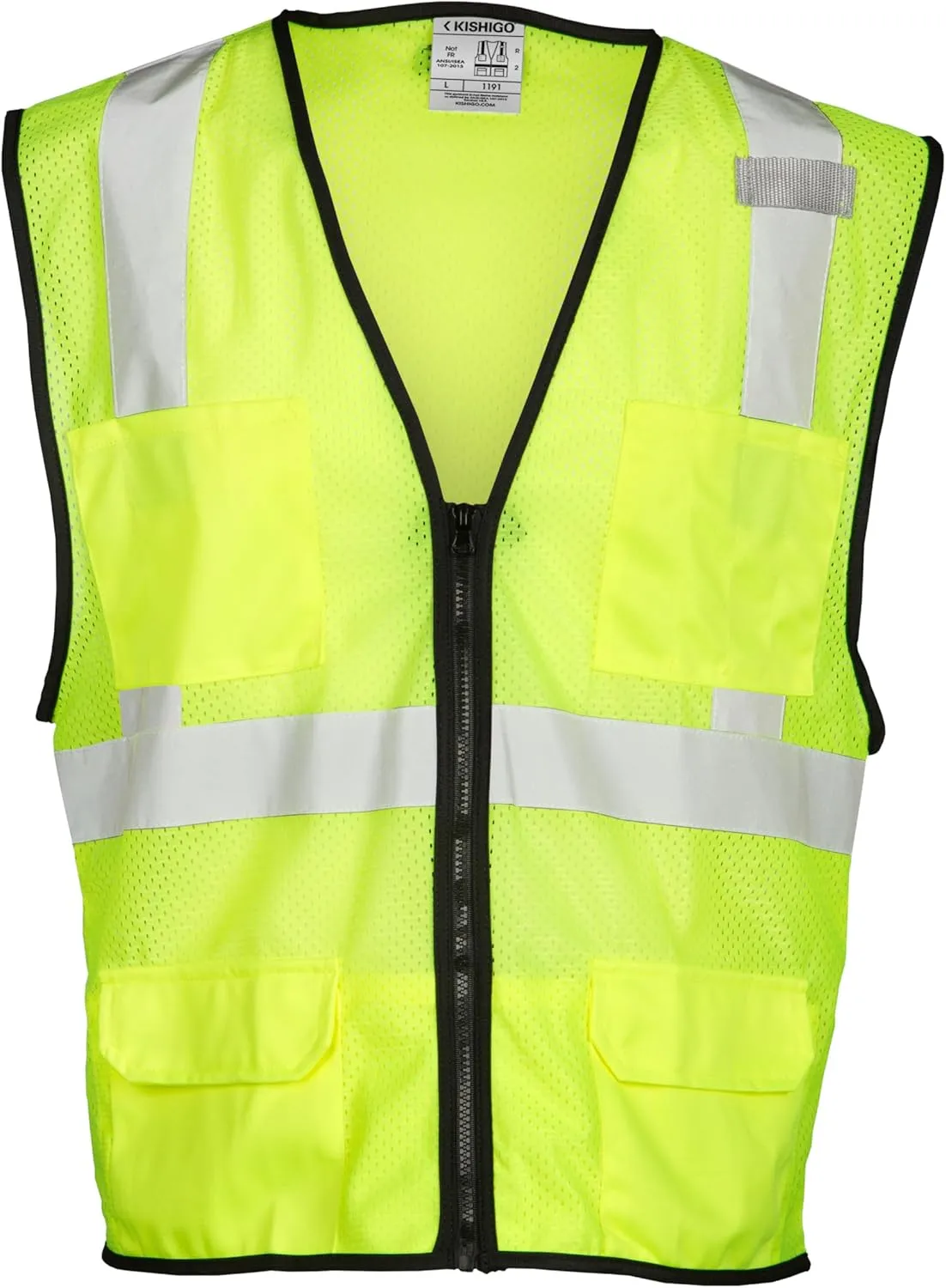 Kishigo Men's High Visibility Reflective 4 Pocket Hook and Loop Mesh Vest 1084, Polyester, ANSI 107 Type R/Class 2