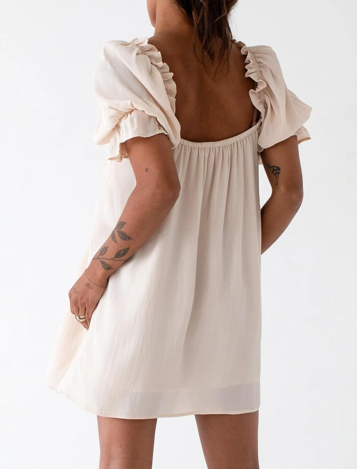 KMBANGI Women Cute Babydoll Dress Short Puff Sleeve Bow Tie Fairy Mini Dress Ruffle Boho Floral Short Slip Sundress