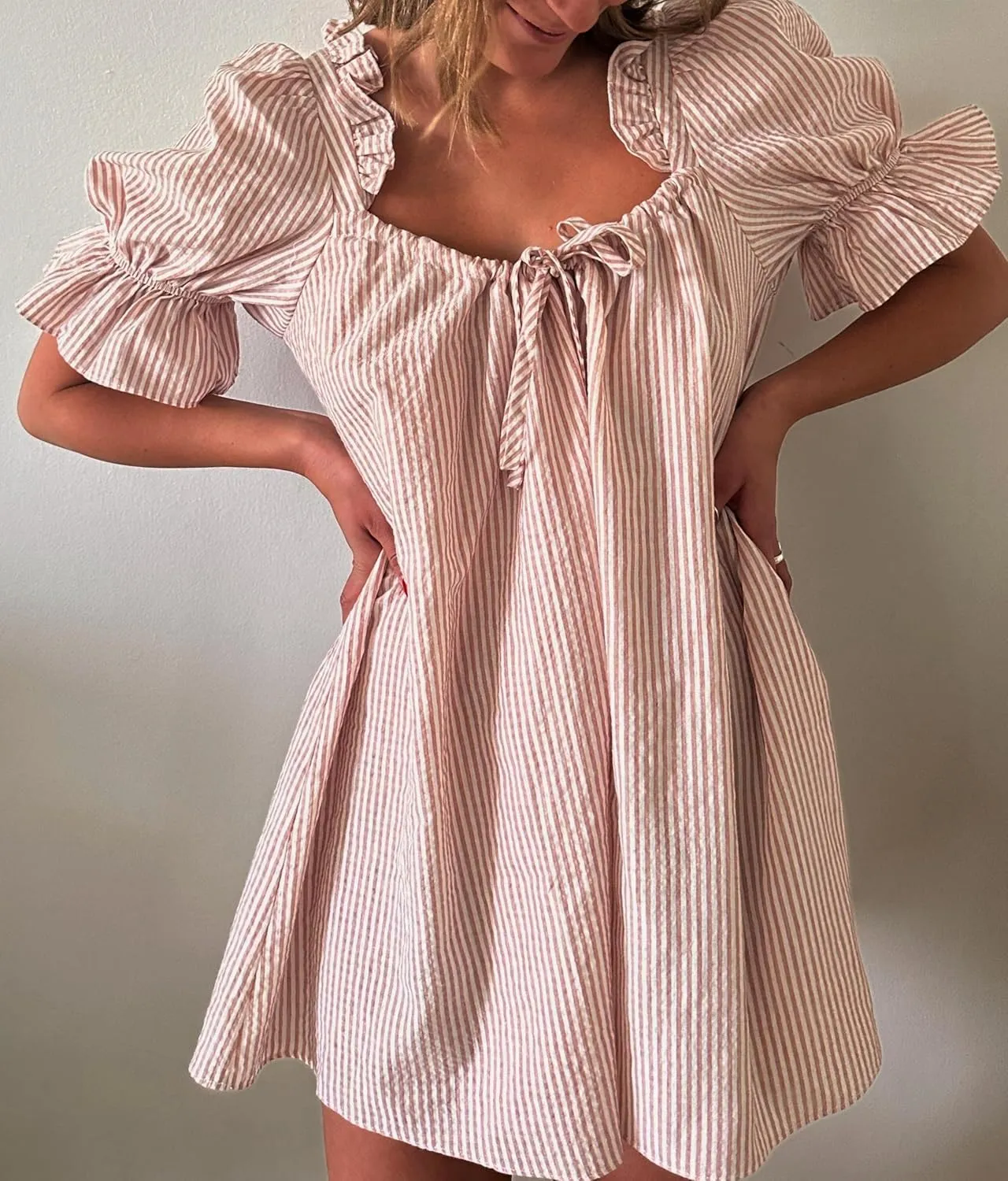 KMBANGI Women Cute Babydoll Dress Short Puff Sleeve Bow Tie Fairy Mini Dress Ruffle Boho Floral Short Slip Sundress