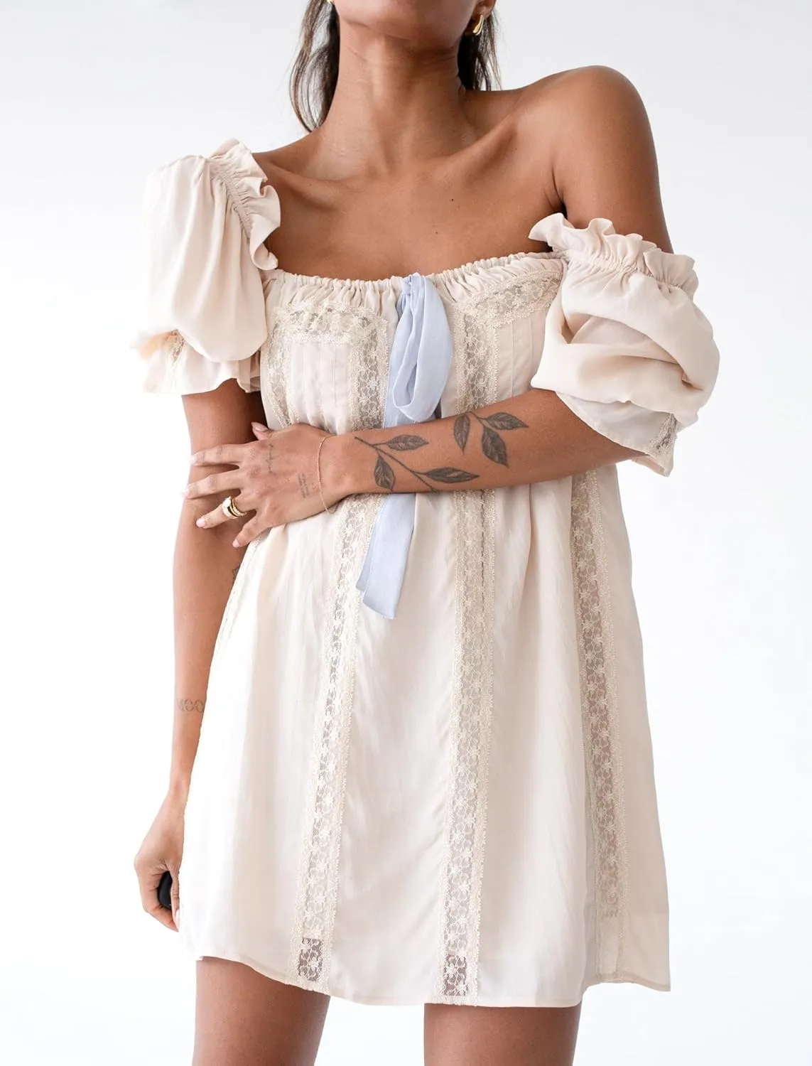 KMBANGI Women Cute Babydoll Dress Short Puff Sleeve Bow Tie Fairy Mini Dress Ruffle Boho Floral Short Slip Sundress