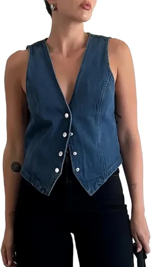 KMBANGI Women's Button Waistcoat Vest Dressy Crop Corset Bustier Racerback Tank Top Punk Grunge Streetwear