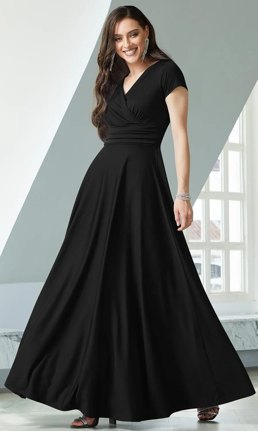 KOH KOH Womens Sexy Cap Short Sleeve V-Neck Flowy Cocktail Gown