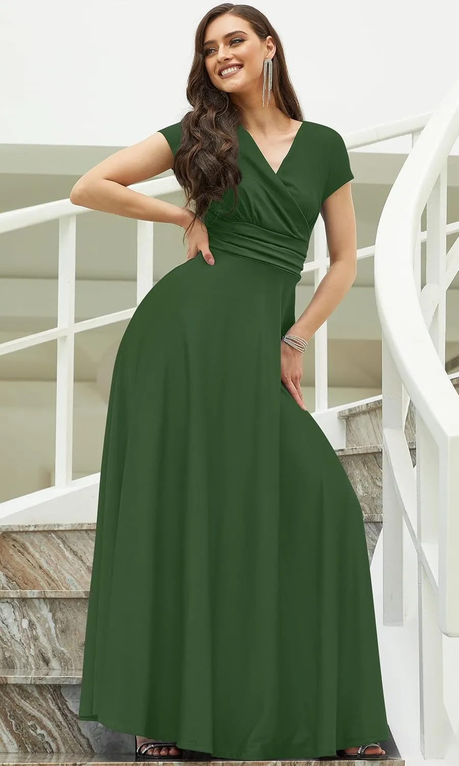 KOH KOH Womens Sexy Cap Short Sleeve V-Neck Flowy Cocktail Gown