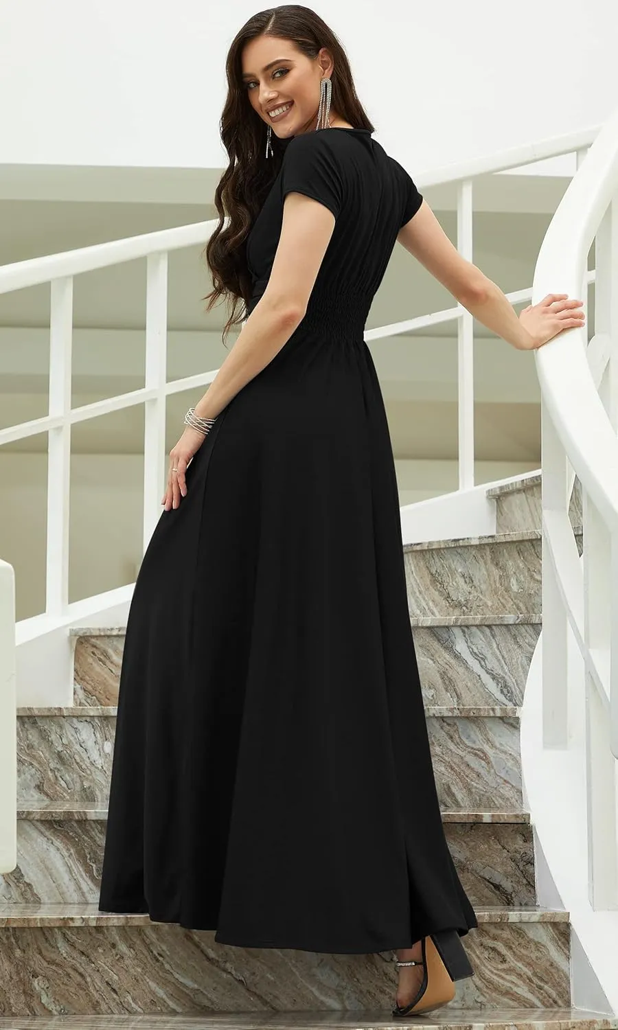 KOH KOH Womens Sexy Cap Short Sleeve V-Neck Flowy Cocktail Gown