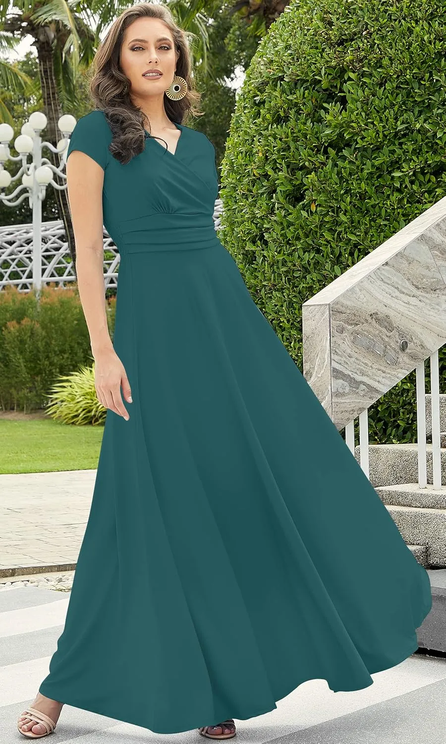 KOH KOH Womens Sexy Cap Short Sleeve V-Neck Flowy Cocktail Gown
