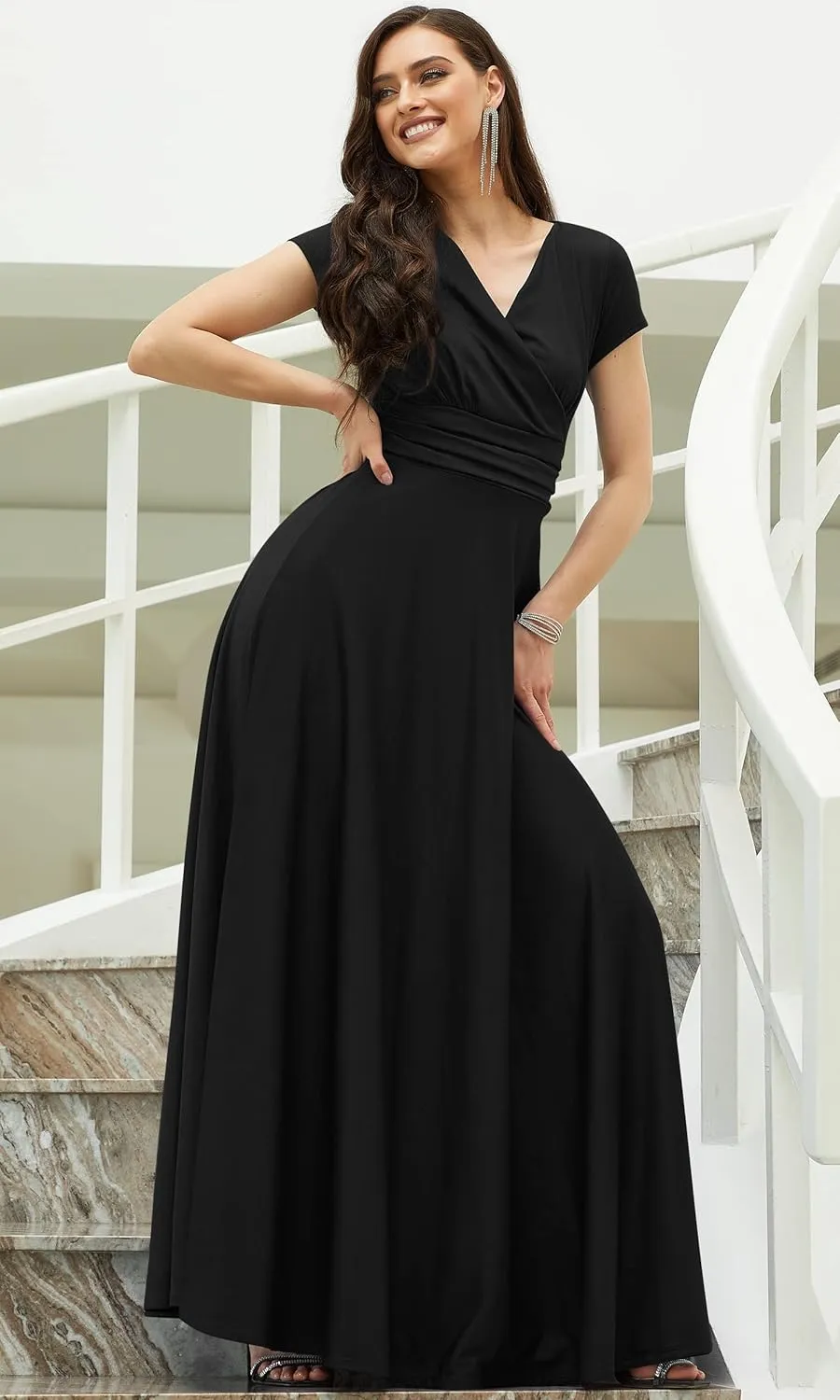 KOH KOH Womens Sexy Cap Short Sleeve V-Neck Flowy Cocktail Gown