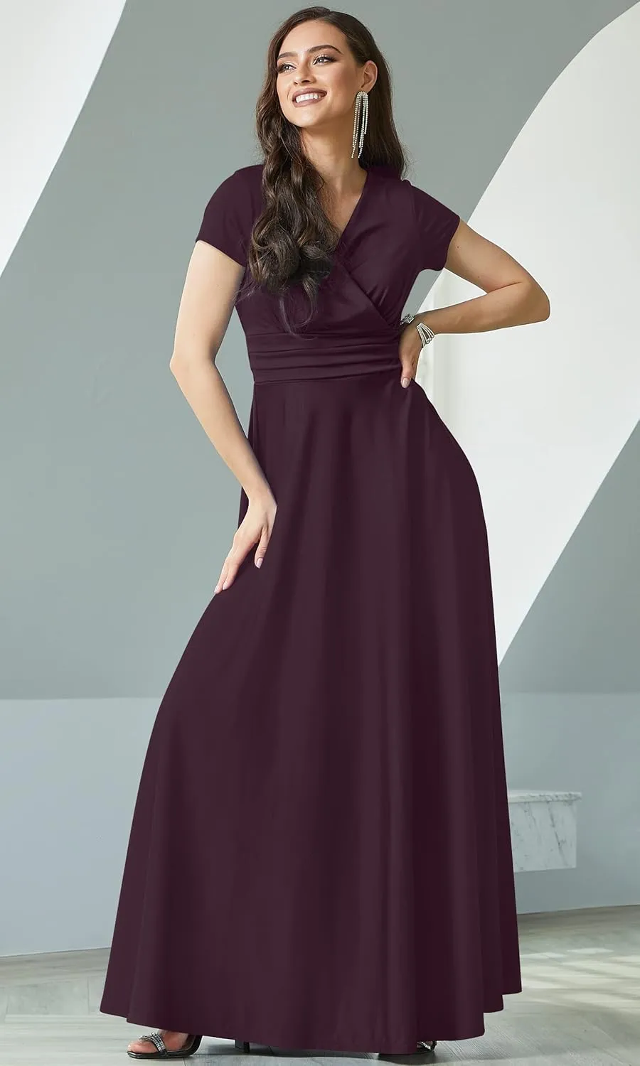 KOH KOH Womens Sexy Cap Short Sleeve V-Neck Flowy Cocktail Gown