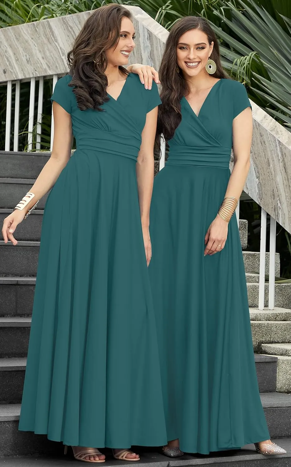 KOH KOH Womens Sexy Cap Short Sleeve V-Neck Flowy Cocktail Gown