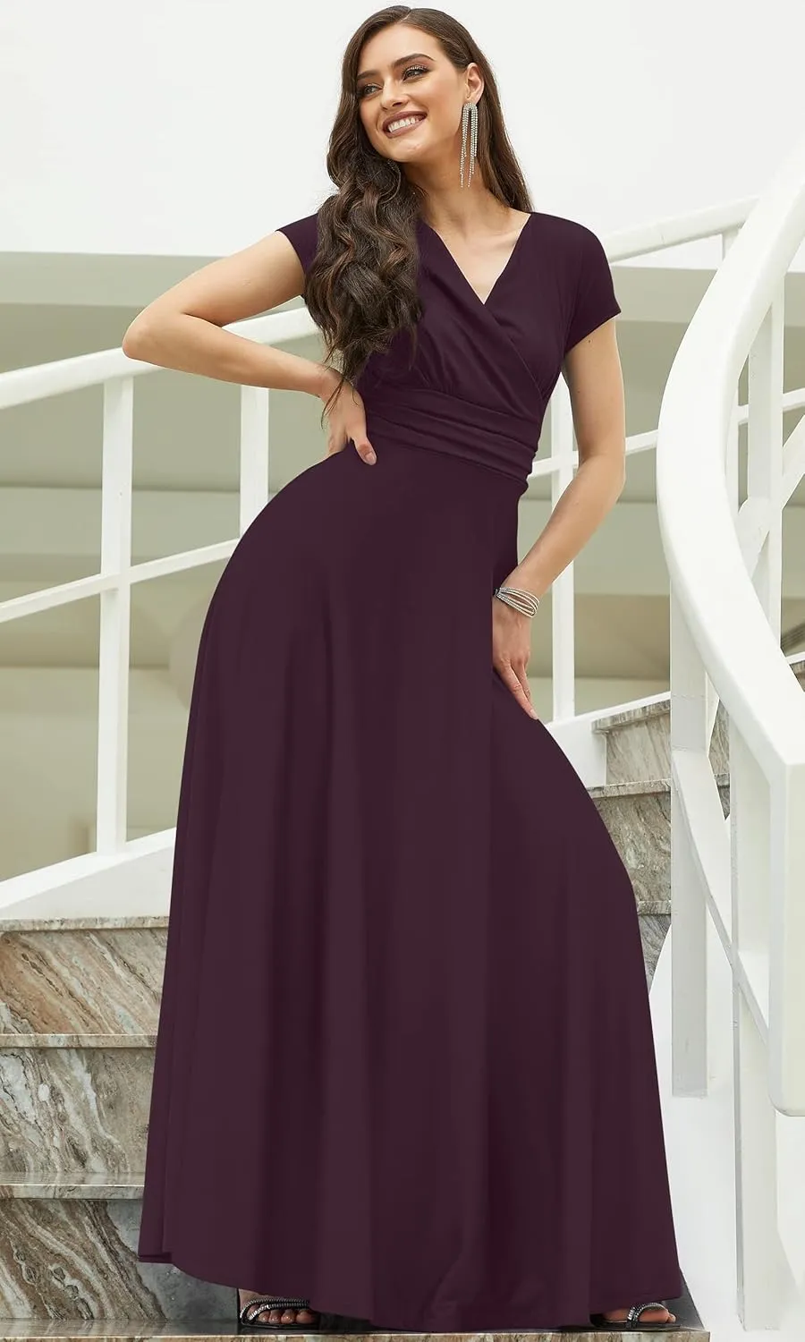 KOH KOH Womens Sexy Cap Short Sleeve V-Neck Flowy Cocktail Gown