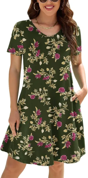 KORSIS Summer Dresses for Women Casual T Shirt Dresses V Neck Swing Flowy Short Sleeve Beach Vacation Sundress with Pockets