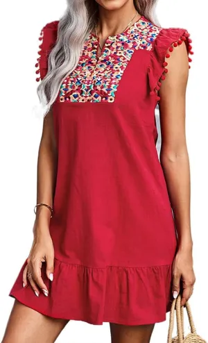 KYLASIEN Women's V Neck Floral Embroidered Pompom Ruffle Shoulder Swing Shift Dress Summer Casual Boho Mini Dress