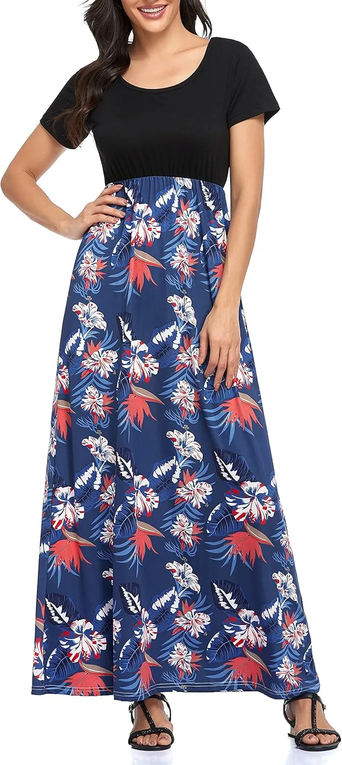Lacavocor Womens Short Sleeve Maxi Dresses Empire Waist Long Dress