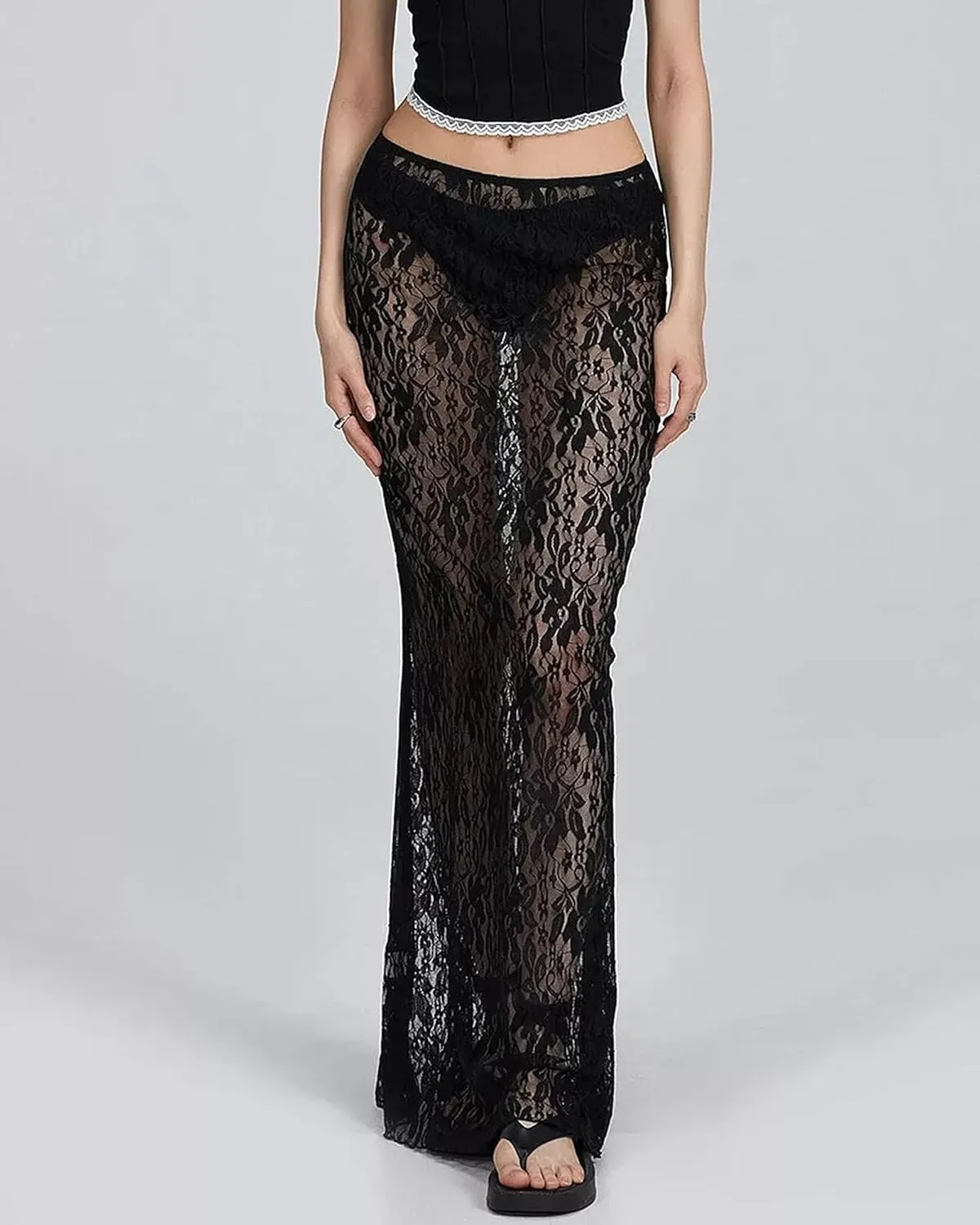 Lace Maxi Skirt for Women See Through Sexy Boho Summer Skirt Flowy Long Transparent White Skirt for Beach Vacation