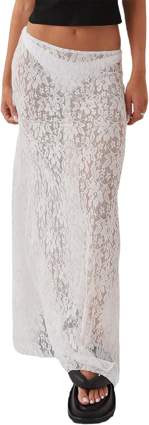 Lace Maxi Skirt for Women See Through Sexy Boho Summer Skirt Flowy Long Transparent White Skirt for Beach Vacation