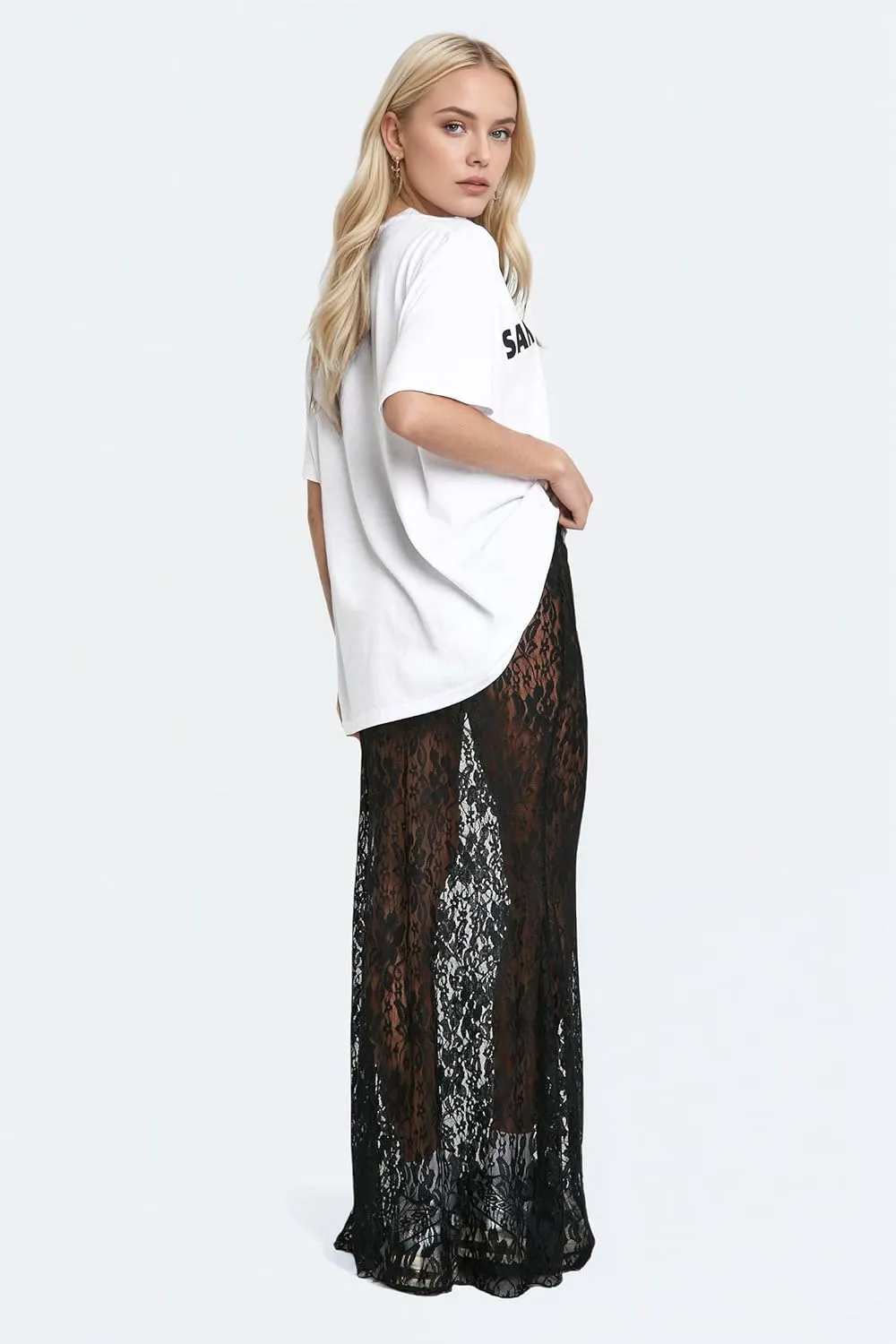 Lace Maxi Skirt for Women See Through Sexy Boho Summer Skirt Flowy Long Transparent White Skirt for Beach Vacation