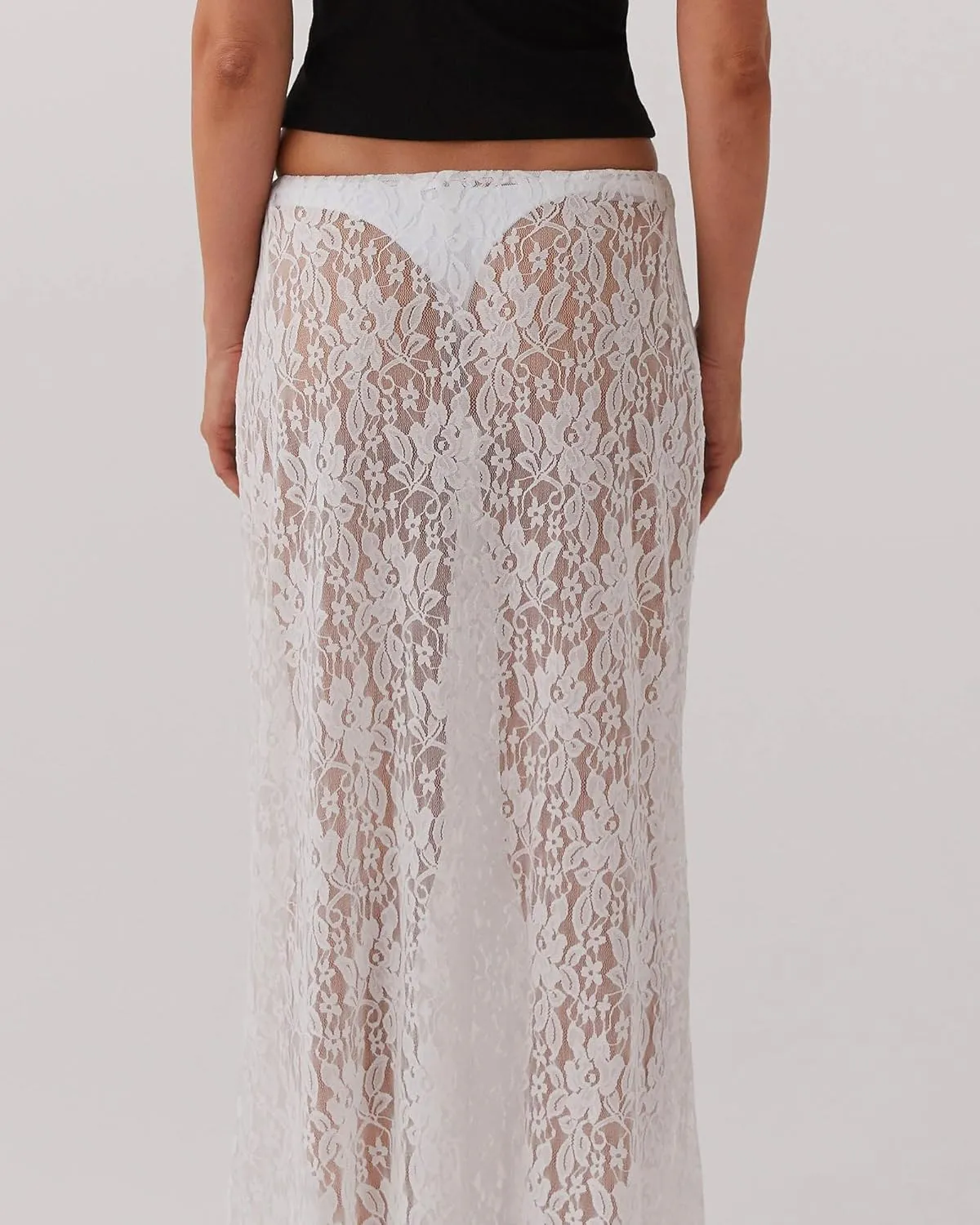 Lace Maxi Skirt for Women See Through Sexy Boho Summer Skirt Flowy Long Transparent White Skirt for Beach Vacation