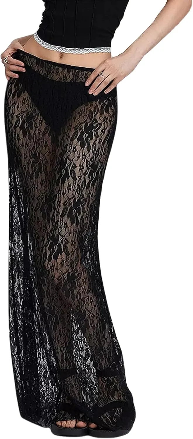 Lace Maxi Skirt for Women See Through Sexy Boho Summer Skirt Flowy Long Transparent White Skirt for Beach Vacation