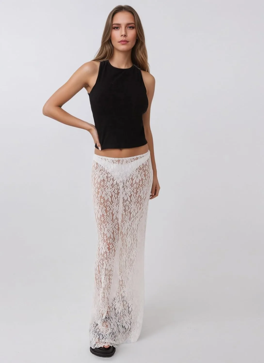 Lace Maxi Skirt for Women See Through Sexy Boho Summer Skirt Flowy Long Transparent White Skirt for Beach Vacation